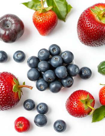 Strawberries and blueberries on a white background, top viewの写真素材