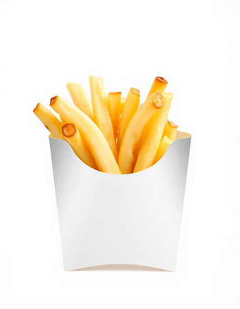 French fries in paper box isolated on white background. Fast food.