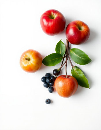 Red apples and blueberries with leaves on a white background, top viewの写真素材