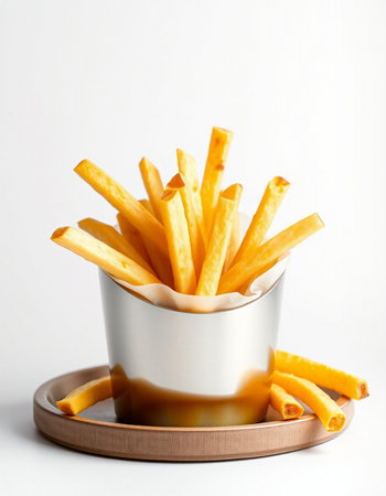 French fries in a paper cup with caramel sauce on a white background