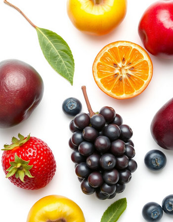 Fruits and berries isolated on white background. Flat lay, top viewの写真素材