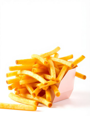 French fries in a box on a white background. Selective focus.