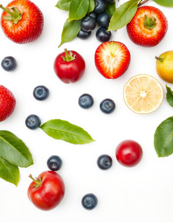Fruits and berries isolated on white background. Flat lay, top viewの写真素材