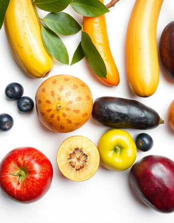 Fruits and vegetables isolated on a white background. Top view.の写真素材