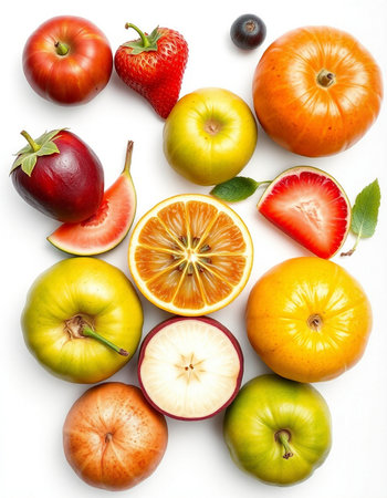 Fruits and vegetables isolated on a white background. Top view.の写真素材
