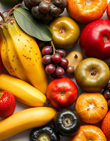 Composition of fresh fruits on white background, top viewの写真素材