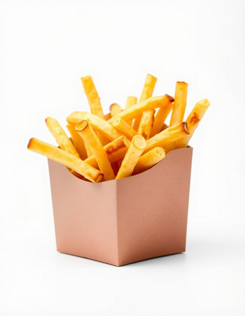 French fries in a paper box on a white background. Fast food.の写真素材