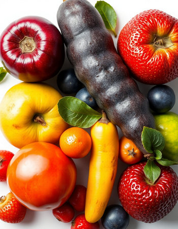 Fresh fruits and vegetables isolated on white background. Healthy eating concept.の写真素材