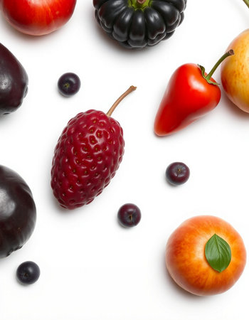 Fruits and berries isolated on white background. Top view. Flat lay.
