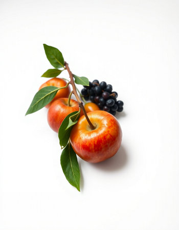 Red apples and black chokeberry on a white background with copy spaceの写真素材