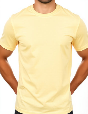 blank yellow t-shirt on a young man (back side)の写真素材