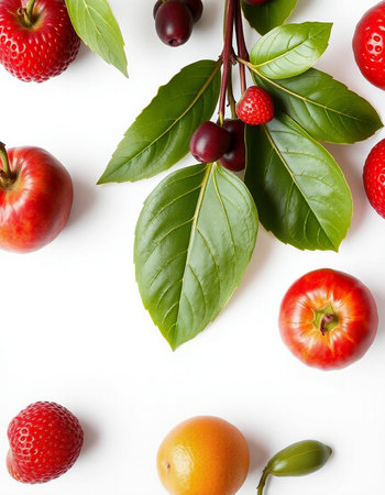Fruits and berries on white background. Flat lay, top view