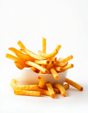 French fries in white bowl on white background. Isolated image.