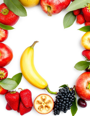 Fruit frame isolated on white background. Top view. Flat layの写真素材