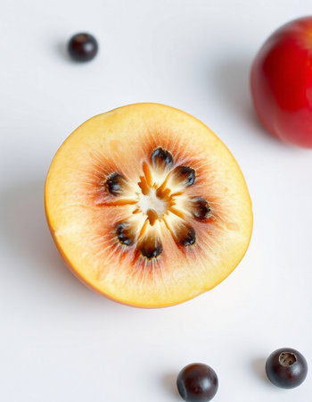 Ripe red apples and black currant on a white background.