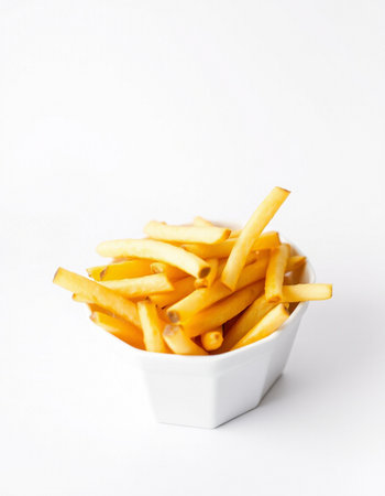 French fries in a bowl on a white background. Selective focus.の写真素材