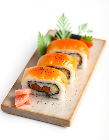 Sushi roll with salmon, eel, avocado and cream cheese on white backgroundの写真素材