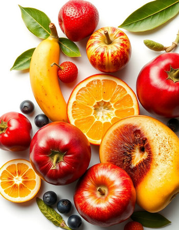 Fruits on a white background. Healthy food. Top view.