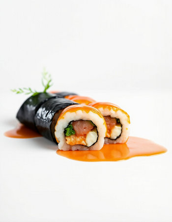 Sushi roll with salmon and cream cheese on a white background.の写真素材