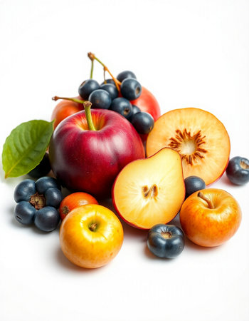 Fruits isolated on a white background. Ripe apples, blueberriescots and plumsの写真素材