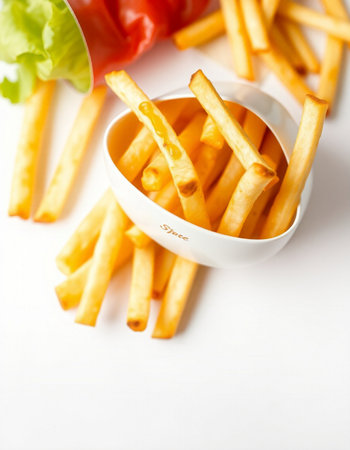 French fries with tomato and salad on white background. Shallow dof.の写真素材
