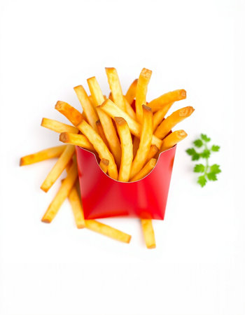 French fries in a red box on a white background with parsley
