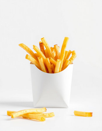 French fries in a white box on a white background. Fast food.