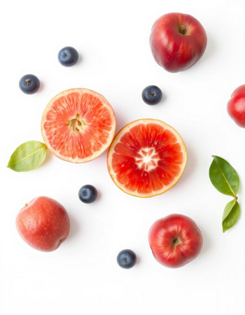 Red and orange fruits on white background. Flat lay, top view