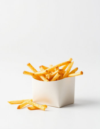 French fries in a white box on a white background. Close-up.