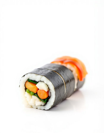 Sushi roll with salmon, nori and vegetables on white backgroundの写真素材
