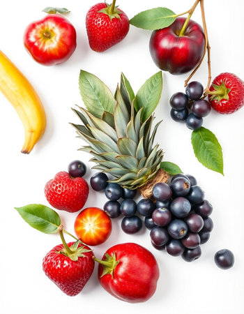 Fruits and berries isolated on a white background. Top view.