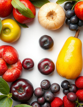 Fruits on white background. Top view. Flat layの写真素材