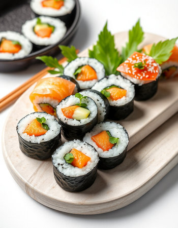 Sushi roll with salmon, avocado and cucumber on white background