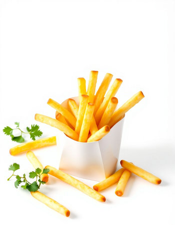French fries with parsley on a white background, close-upの写真素材