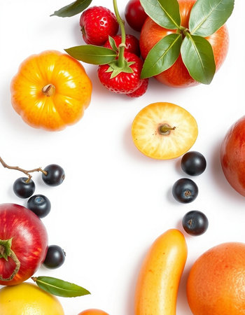 Fruits and berries isolated on white background. Flat lay, top viewの写真素材