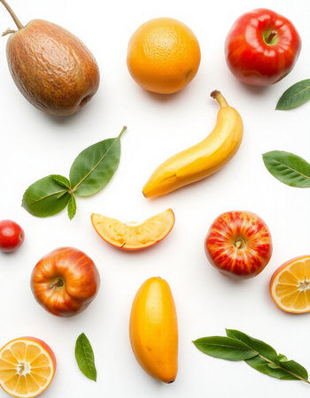 Fruits and vegetables on white background. Flat lay, top view
