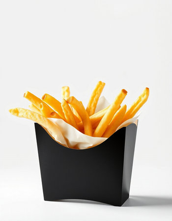 French fries in paper box on white background. Fast food concept.