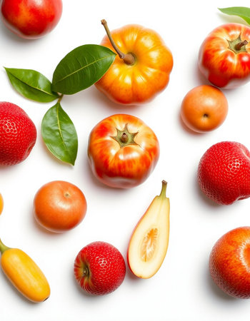 Fruits and vegetables on white background. Flat lay, top viewの写真素材