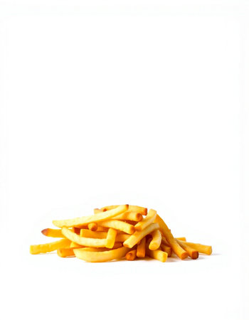 Golden French fries isolated on a white background, ready to be eatenの写真素材
