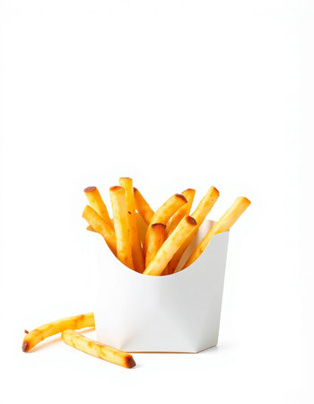 French fries in white box isolated on white background. Fast food.