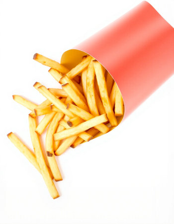 French fries in a red paper bag on a white background. Isolated