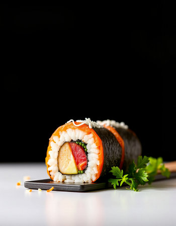 Sushi roll with salmon, avocado and cream cheese on black backgroundの写真素材