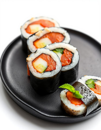 Japanese Cuisine - Sushi Roll with Salmon, Cream Cheese and Raw Salmon inside. Nori outsideの写真素材