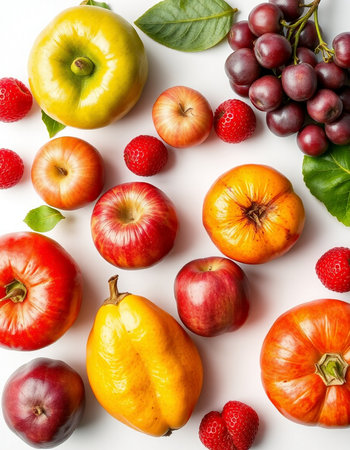 Fruits and vegetables on white background. Flat lay, top viewの写真素材