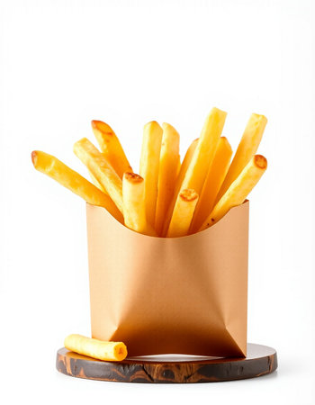 French fries in paper bag isolated on white background. Fast food.