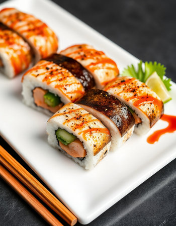 Sushi roll with salmon and cucumber on a white plate.の写真素材