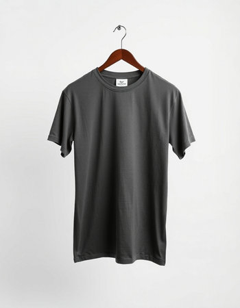 Black t-shirt mockup on wooden hanger isolated on white background