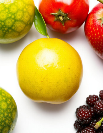 Fruits and vegetables on a white background. View from above.の写真素材