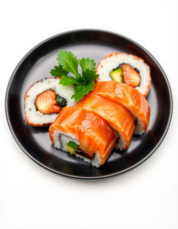 Sushi rolls on a black plate isolated on white background. Japanese foodの写真素材