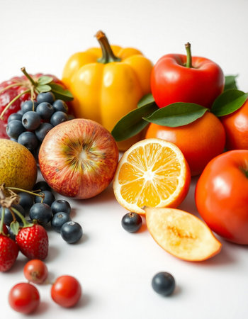 Fresh fruits and vegetables on a white background. Healthy food concept.の写真素材